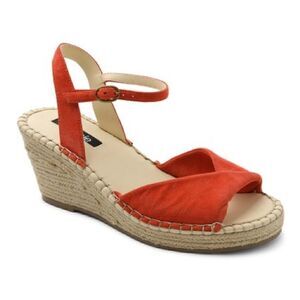 Kensie Red-Orange Suede Espadrille Wedge Sandals. more like canvas material.